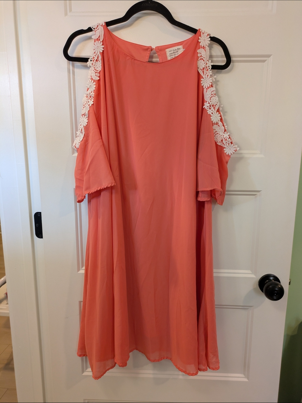 🔴 3/$15  Coral Cold-Shoulder Dress with Lace Trim